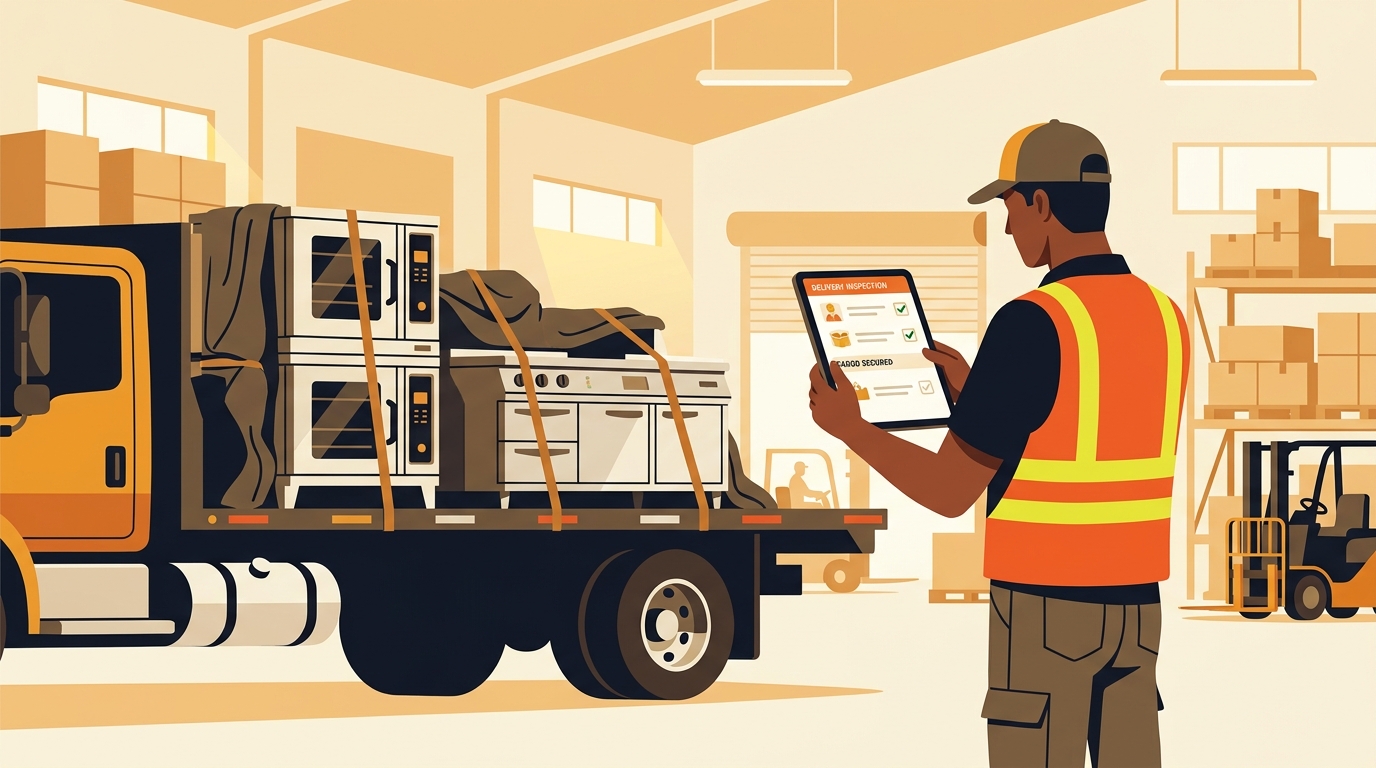 Driver using mobile dispatch app to capture digital proof of delivery and photo inspection for commercial equipment