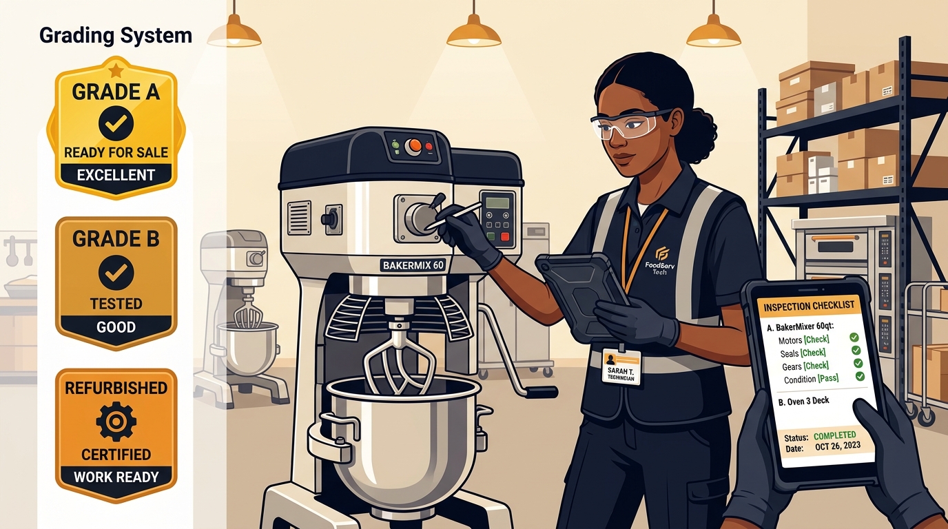 Technician performing standardized condition inspection and grading on commercial kitchen and industrial machinery