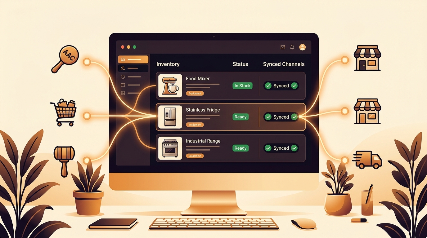 Multi-channel listing syndication dashboard publishing used equipment to online auction platforms