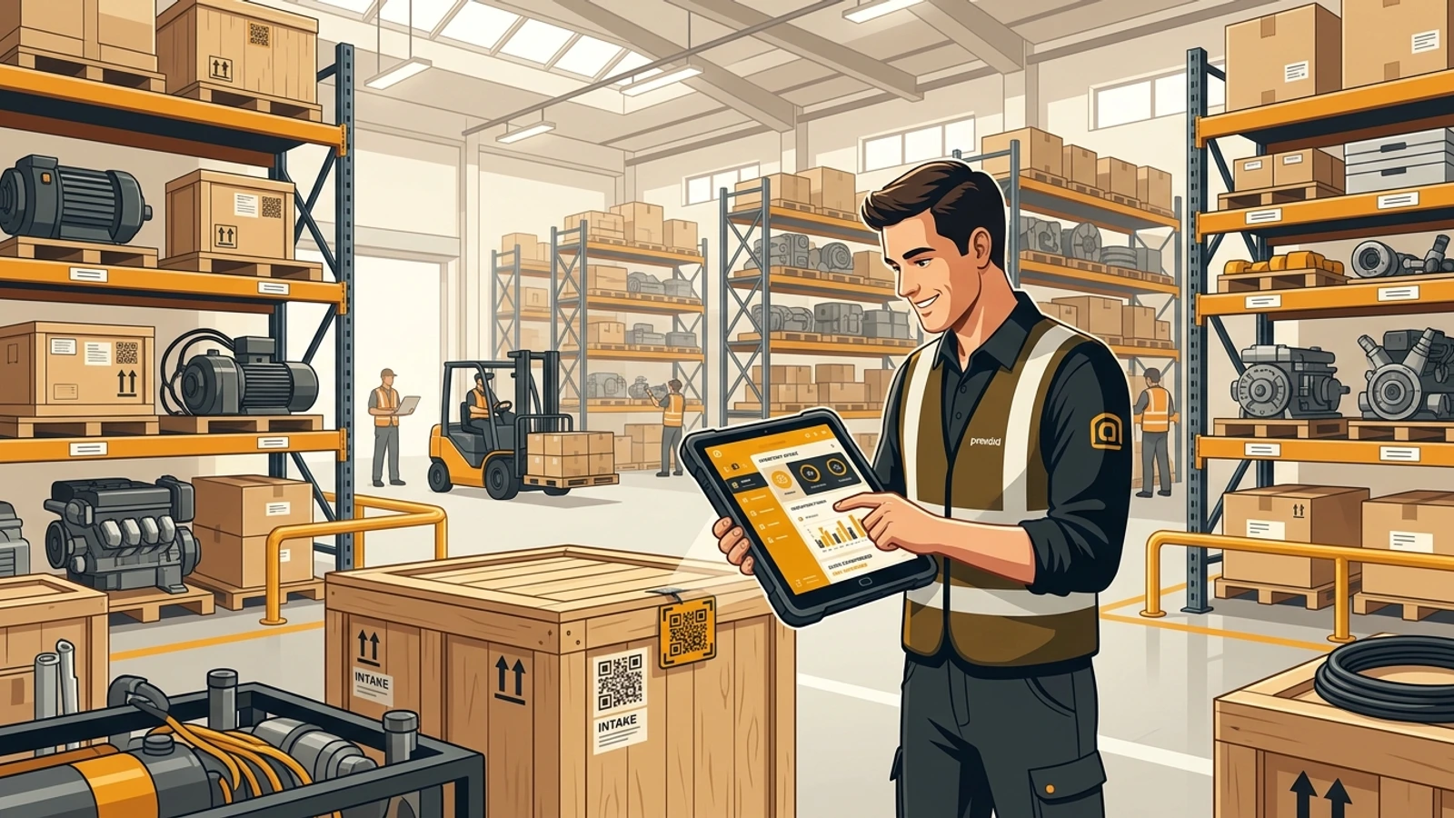 Warehouse operator scanning QR code on commercial equipment for instant intake and bay location tracking