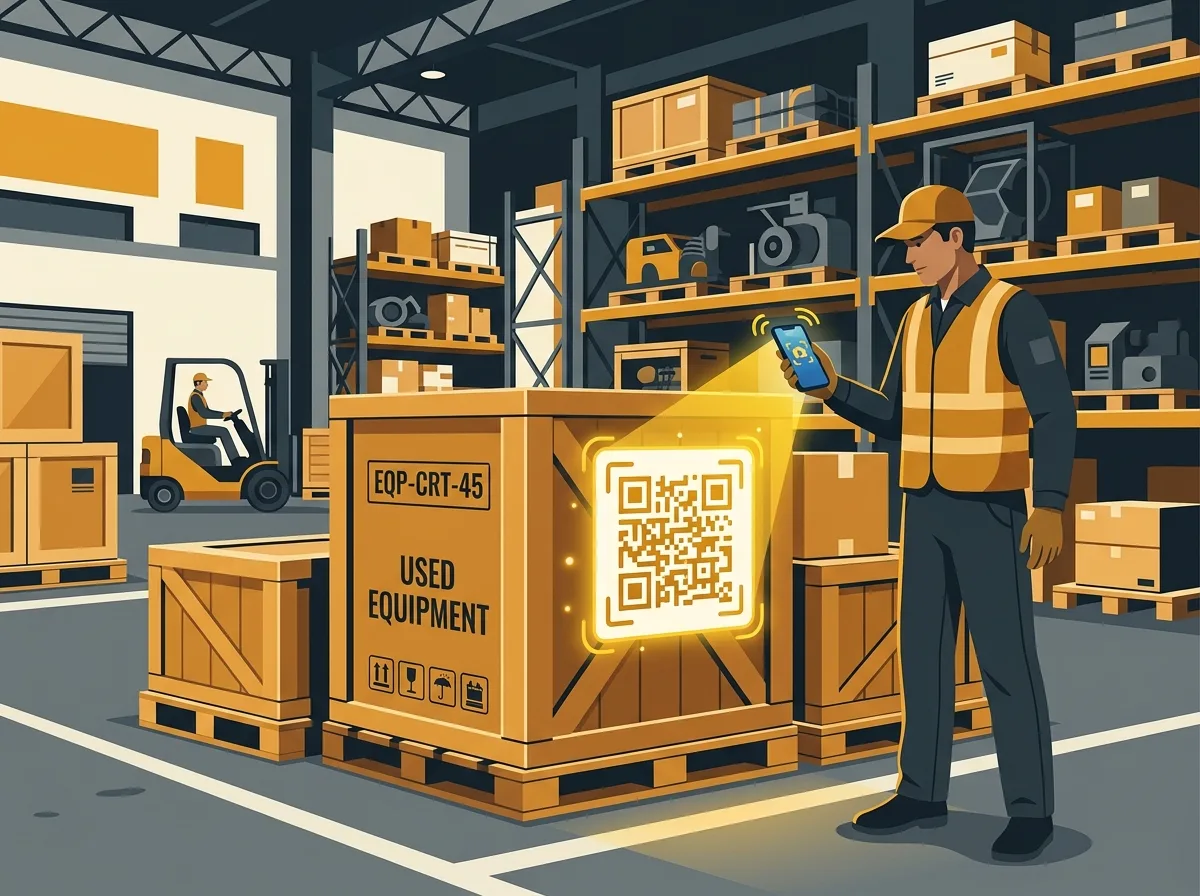 EquipRoute warehouse QR scanning interface confirming storage bin location on smartphone