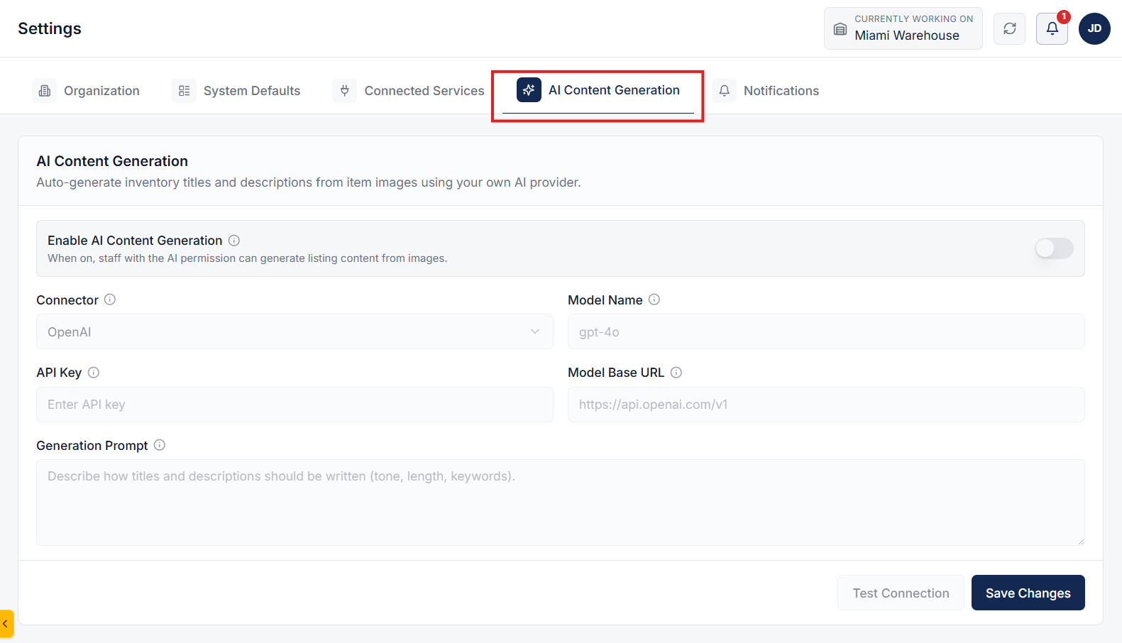 AI Content Generation Settings tab under Administration