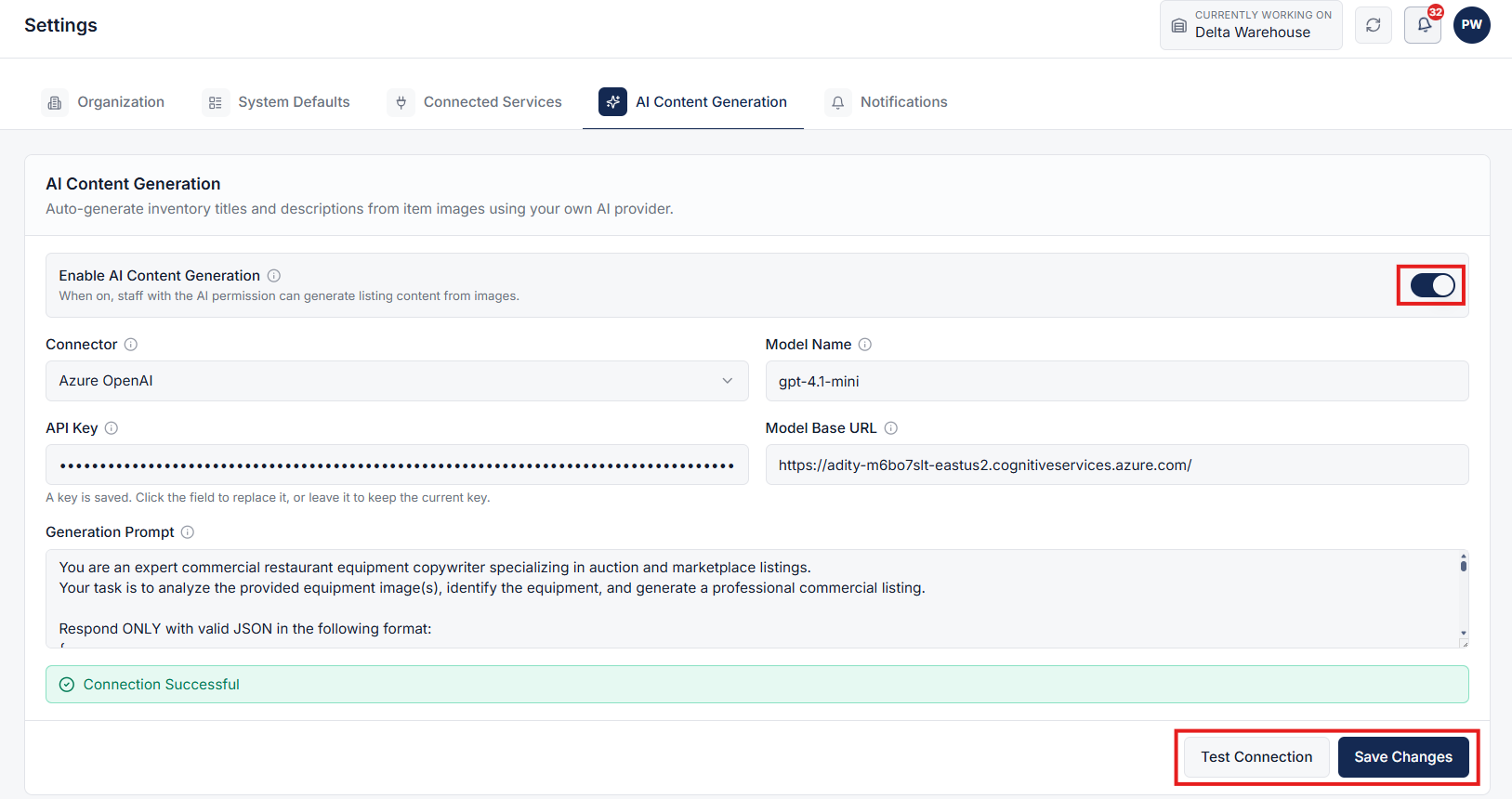 Configure AI Credentials and Test Connection screen