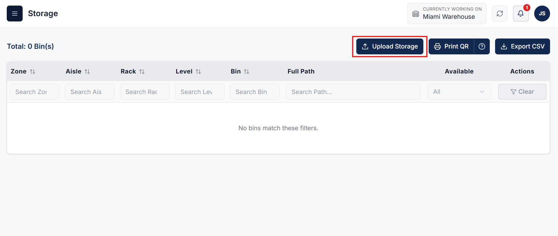 Warehouse Storage page with Upload Storage button