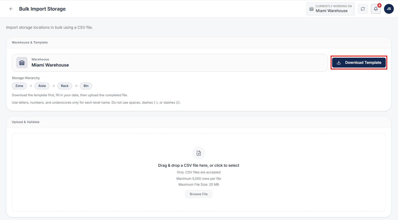 Download CSV template matching warehouse hierarchy