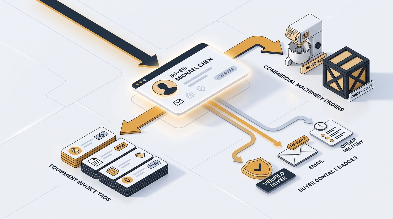 Buyer management profile connected to equipment invoices, order history, and contact verification
