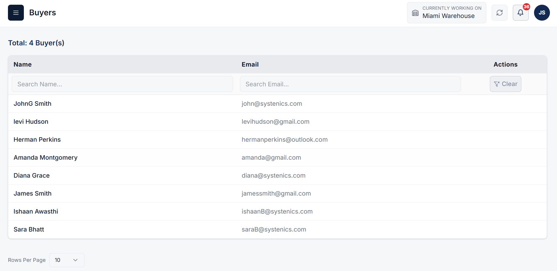 Buyers directory page under Sales section