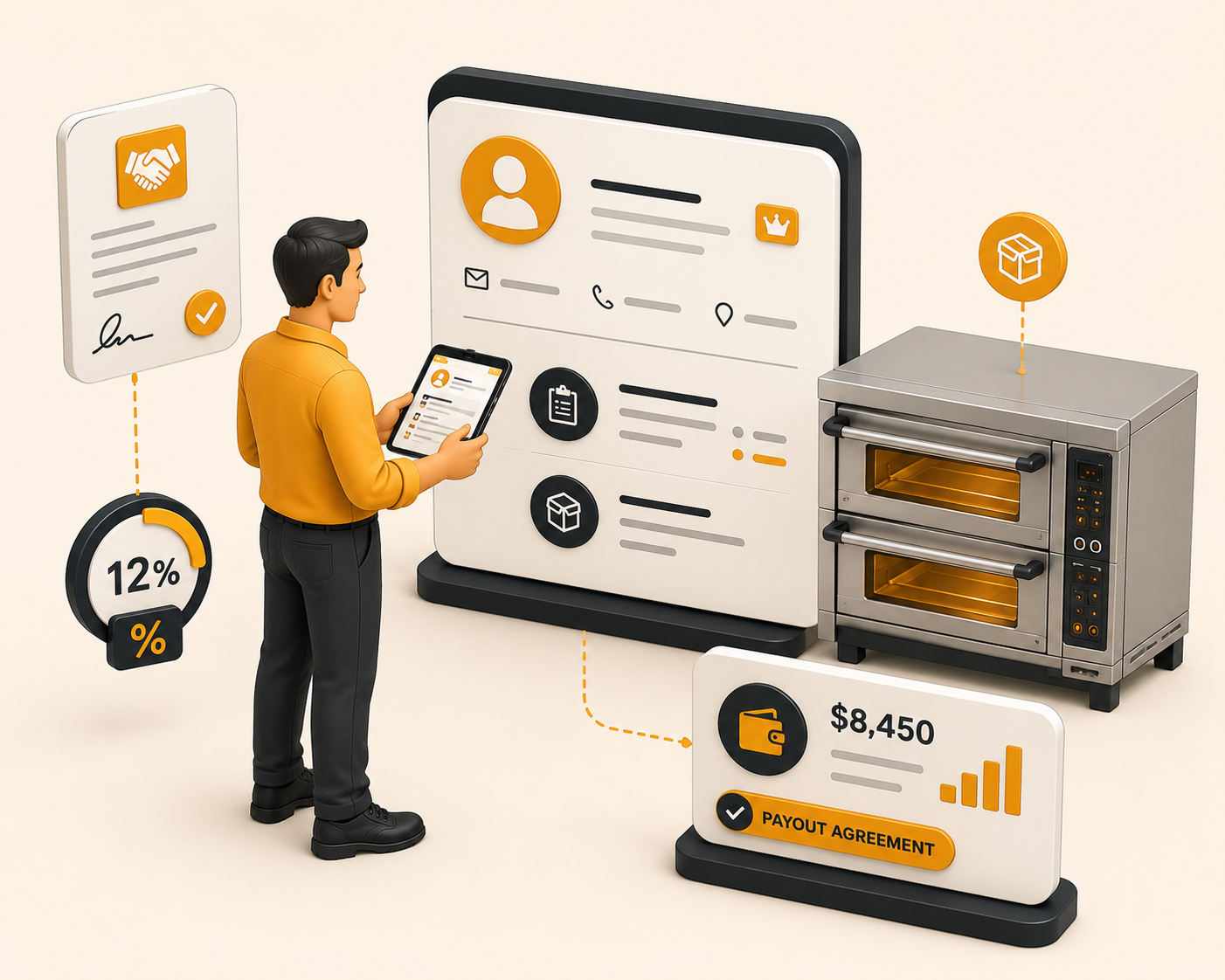 Consigner management profiles connected to equipment contracts, pickup addresses, and origin tracking
