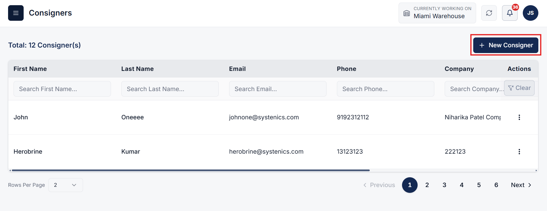 Consigners list view with New Consigner action button