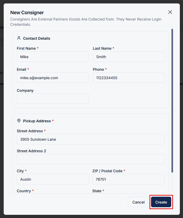 Create Consigner form with contact and address inputs
