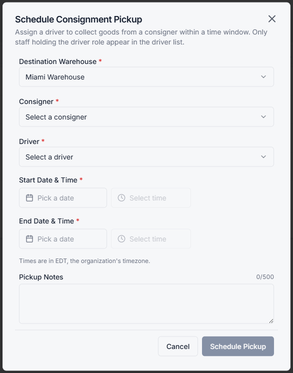 Book Consignment Pickup with consigner selection dropdown