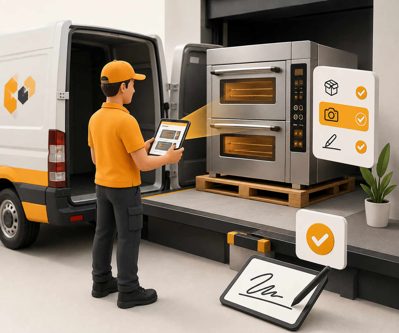 Consigner equipment pickup workflow with driver mobile checklist, equipment verification, and signature capture