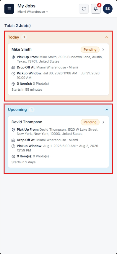 Driver My Jobs screen showing Today, Upcoming, and Overdue consigner pickup jobs