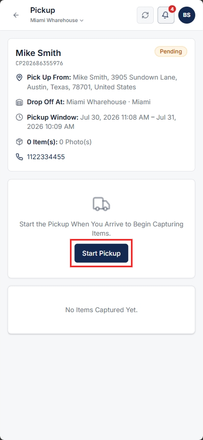 Pickup Details screen with consigner address, scheduled time, and Start Pickup button