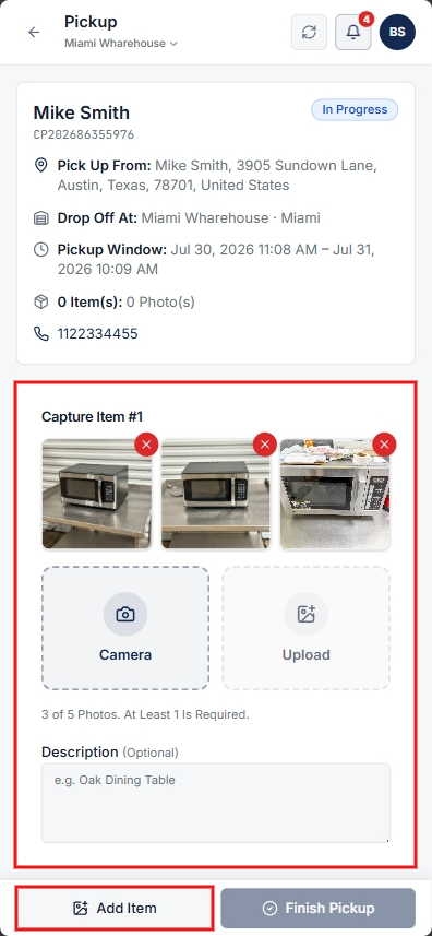 Capture Items section with photo upload and description fields