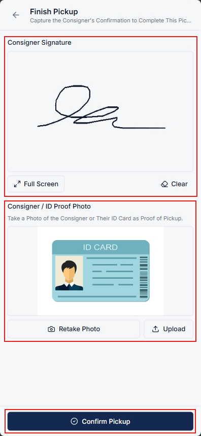 Consigner Signature pad and ID proof verification capture