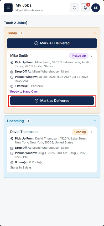 Mark as Delivered at the warehouse dock and automated inventory check-in
