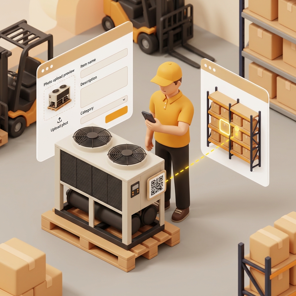 Create Inventory and Assign Storage workflow in EquipRoute with QR code labels and mobile location mapping