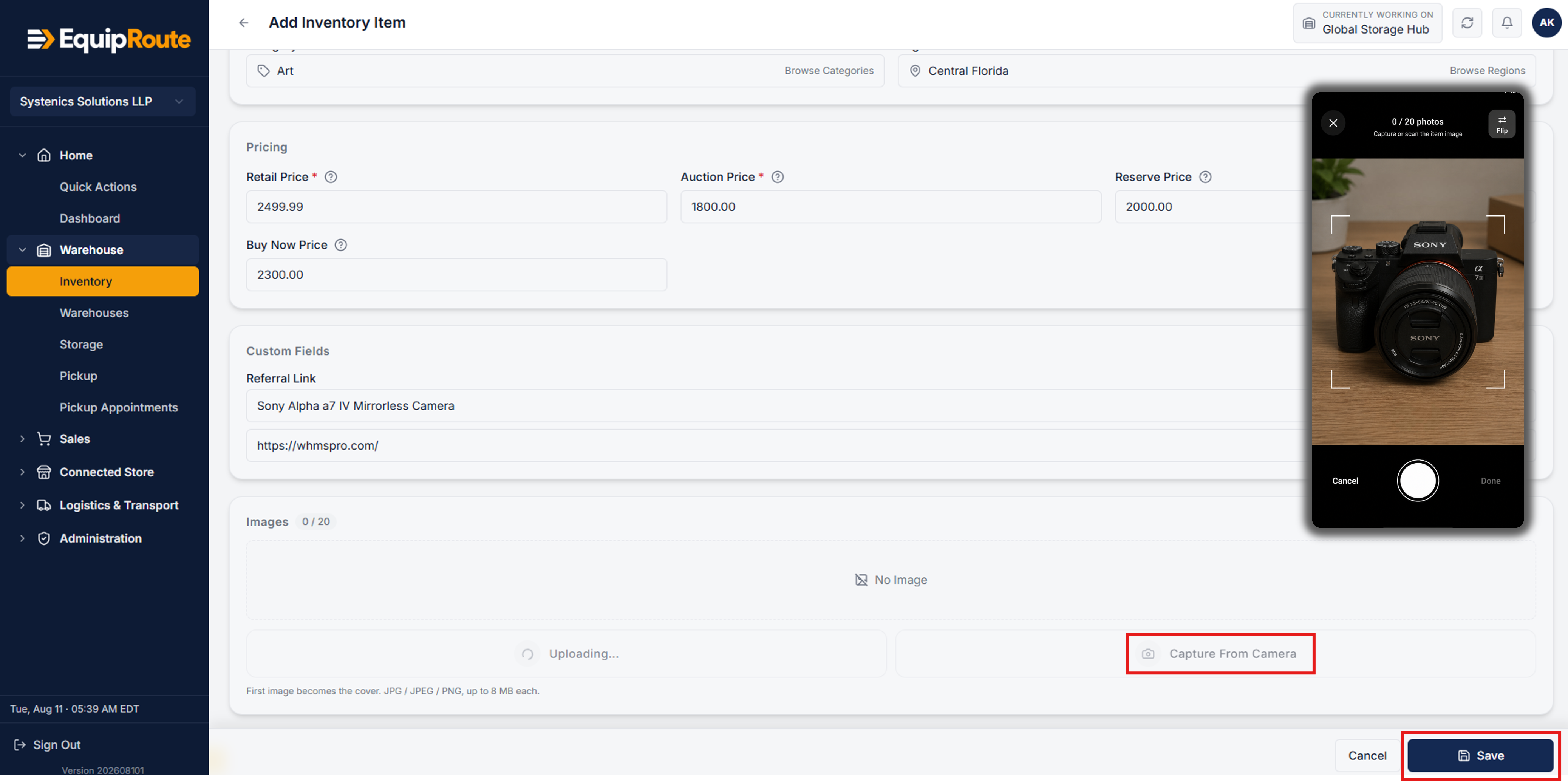 Inventory details form showing category, pricing, custom fields, and photo upload