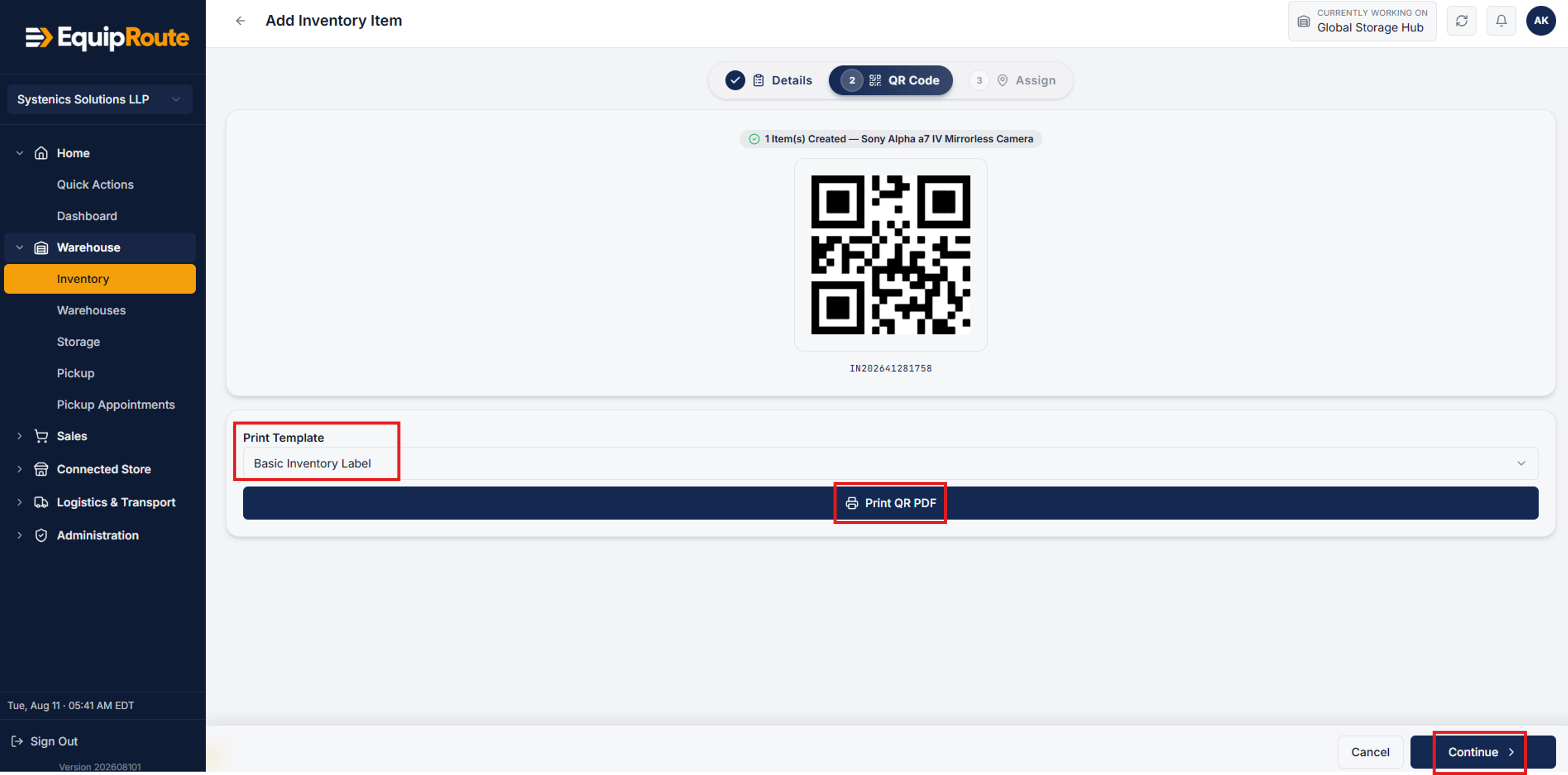 Inventory QR code generation, template selection, and Print QR PDF dialog