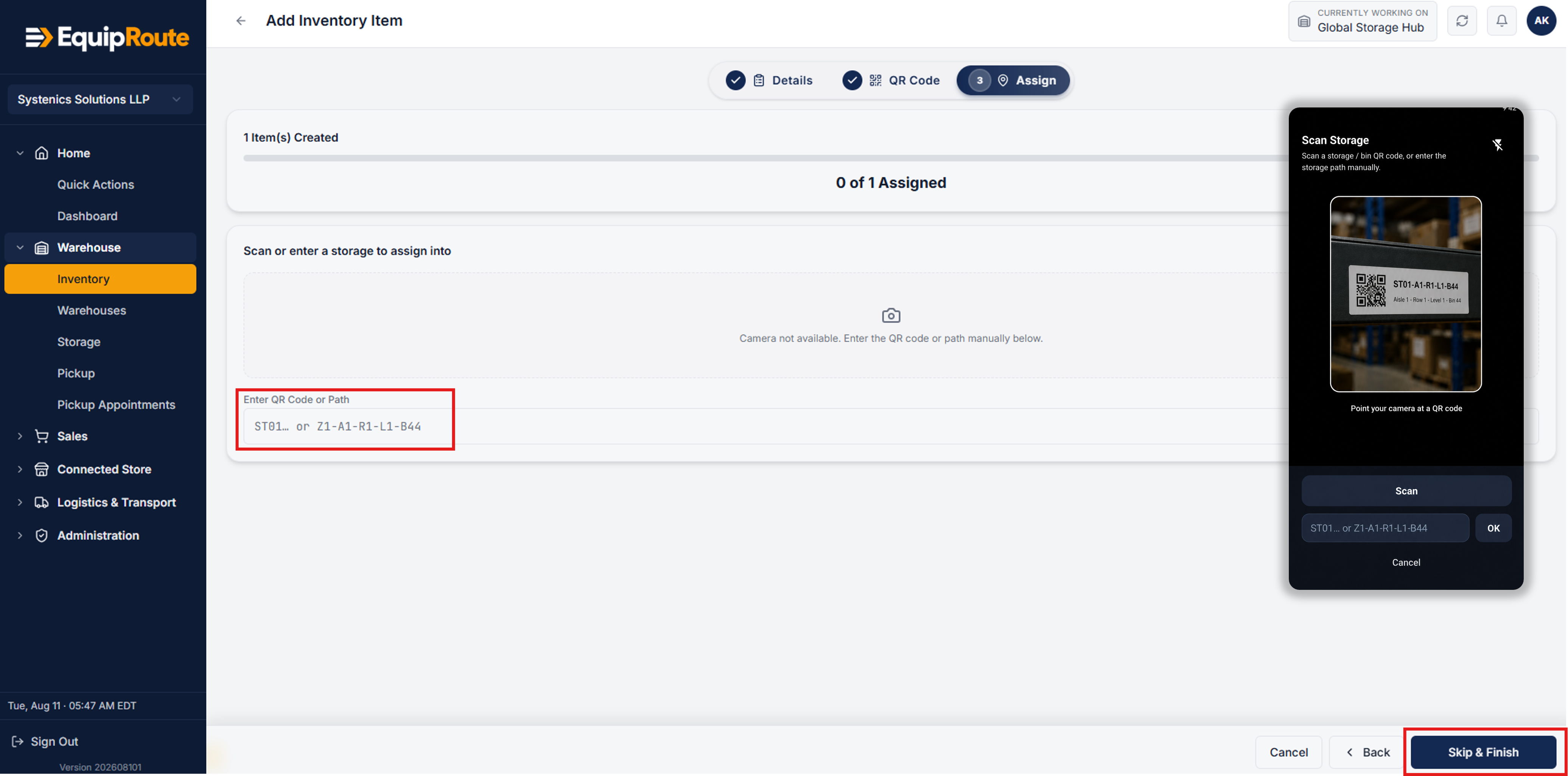 Mobile QR scanning of storage location and Assign to Storage popup selection