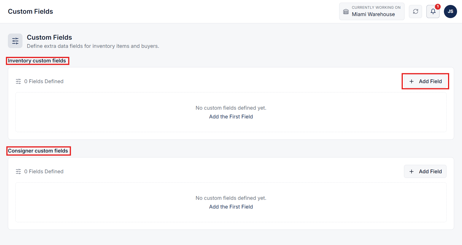Custom Fields management section under Administration
