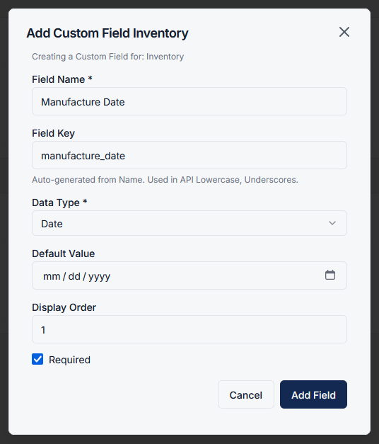 Add Custom Field modal form