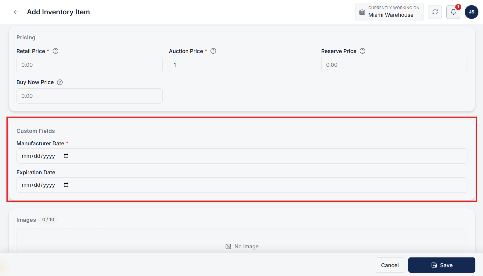 Custom fields rendered dynamically in the Add Inventory form