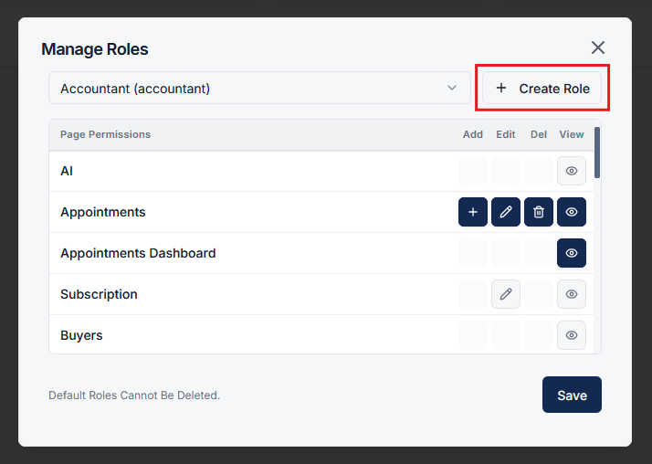 Manage Roles and granular permissions matrix