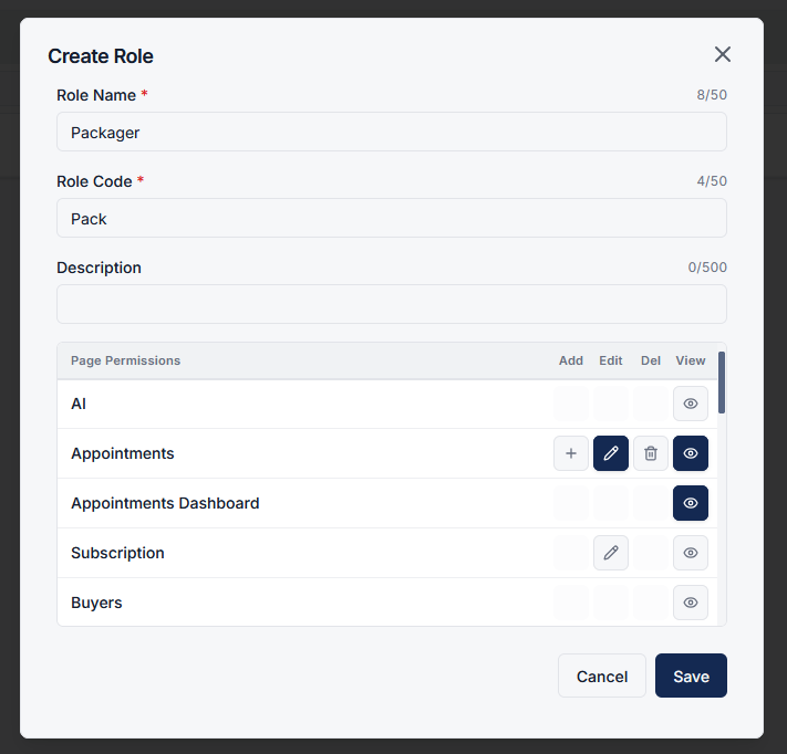 Create Role form with permission checkboxes