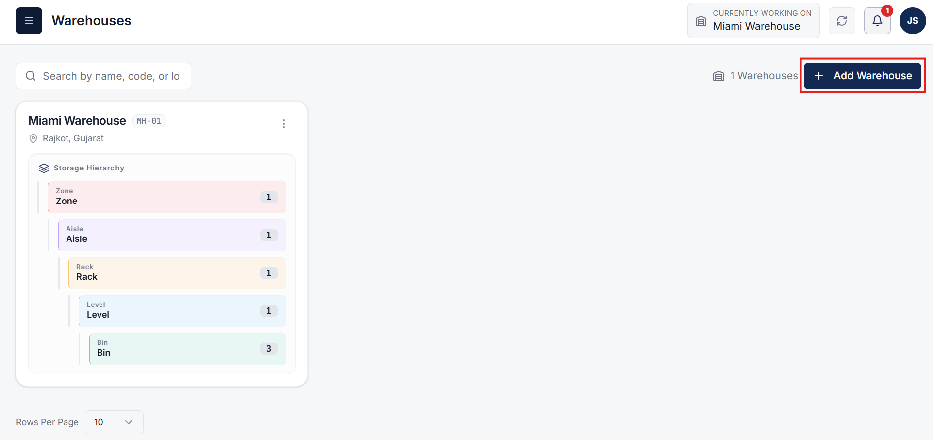 Warehouse overview with Add Warehouse button