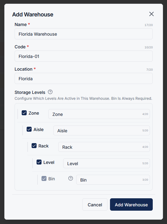Warehouse details input form modal