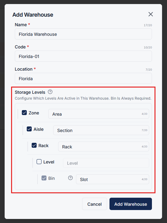 Storage levels configuration and hierarchy customization