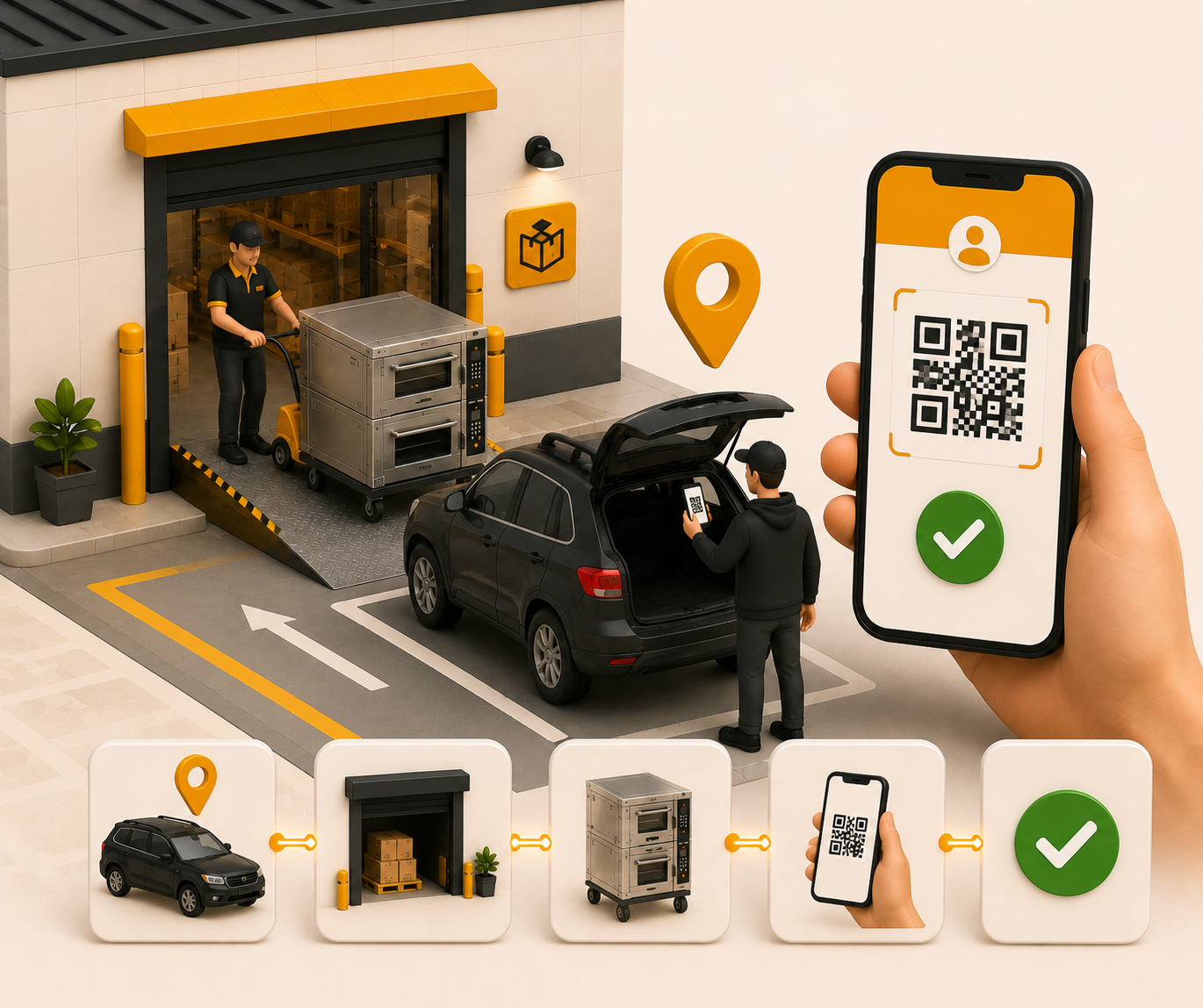 Buyer customer warehouse dock pickup with mobile QR pass verification and proof collection