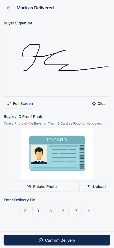 Pickup Verification and Confirm Delivery screen