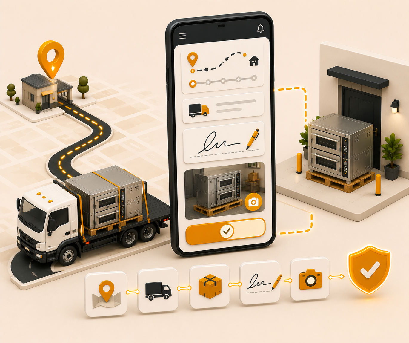 Equipment delivery driver mobile app workflow with route navigation and proof of delivery capture