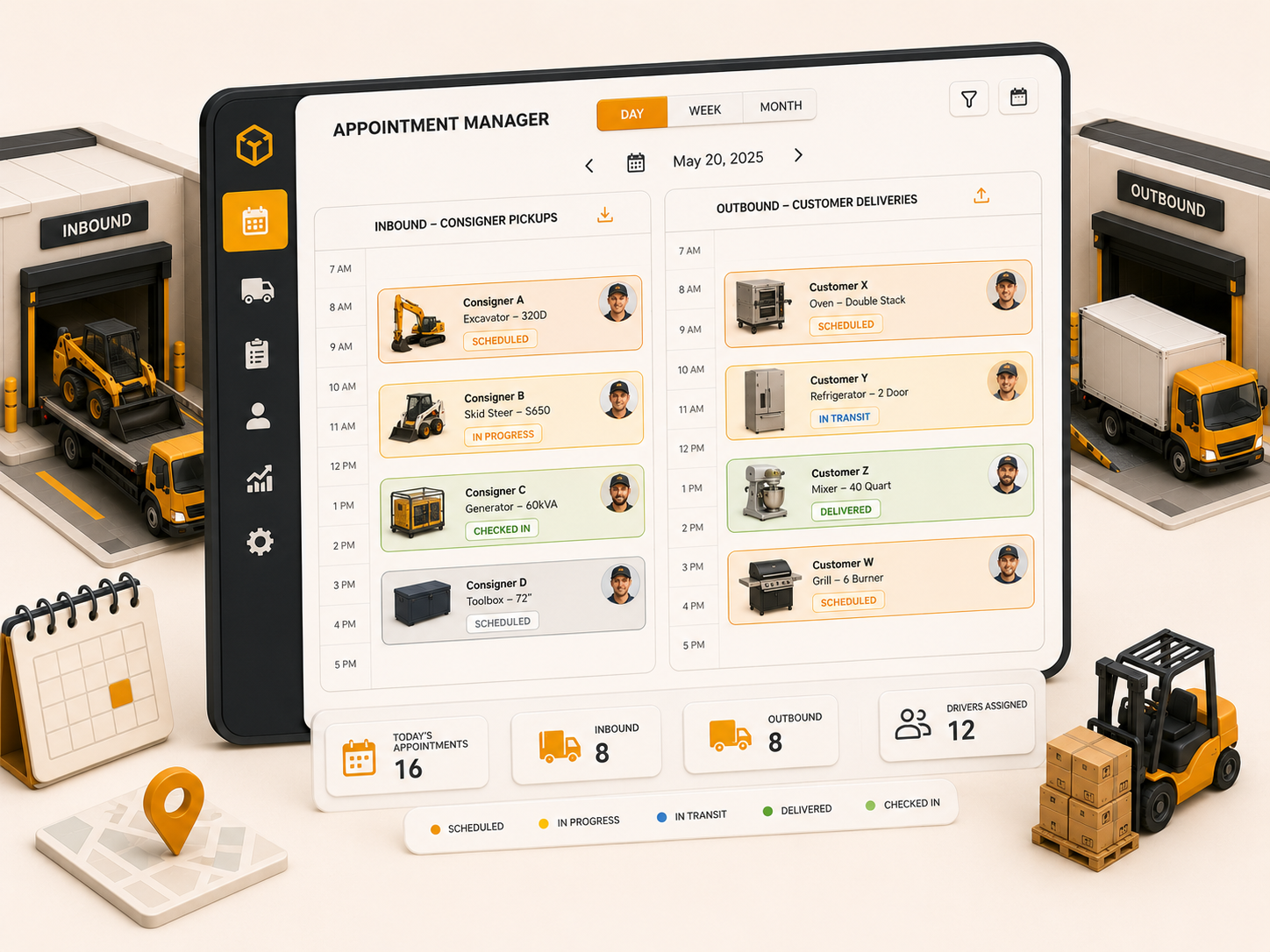 Unified appointment manager for equipment logistics, pickup slots, and delivery scheduling
