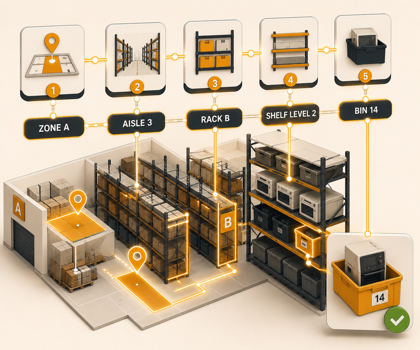 Multi-level warehouse storage hierarchy showing Zone, Aisle, Rack, Level, and Bin location mapping