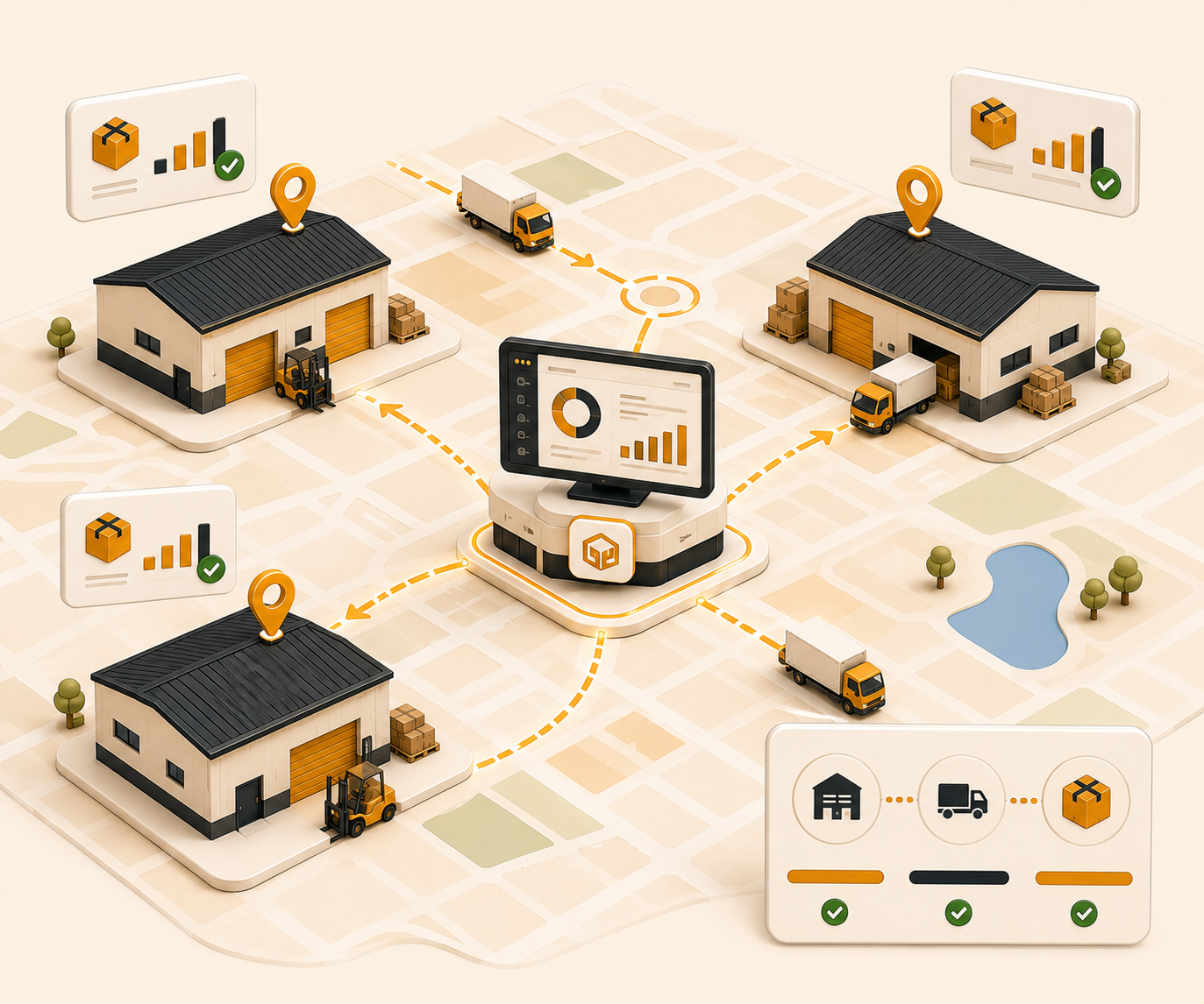 Multi-warehouse depot management with regional facilities and unified inventory synchronization