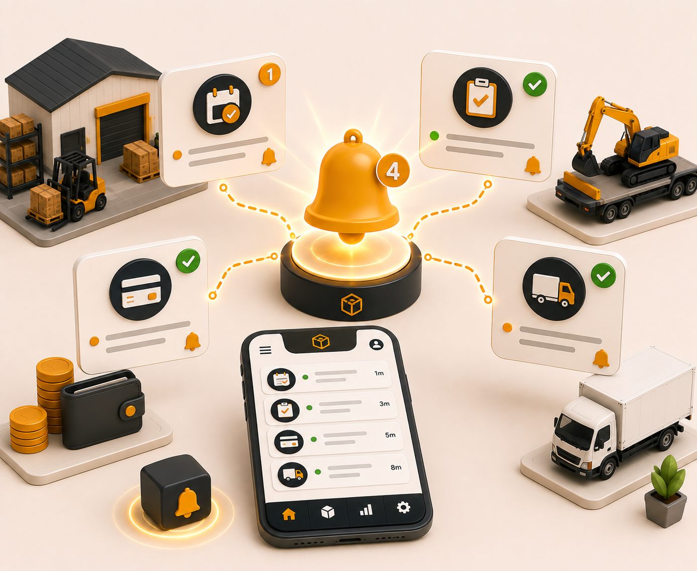 Real-time alerts and push notifications for equipment warehouse logistics and order updates
