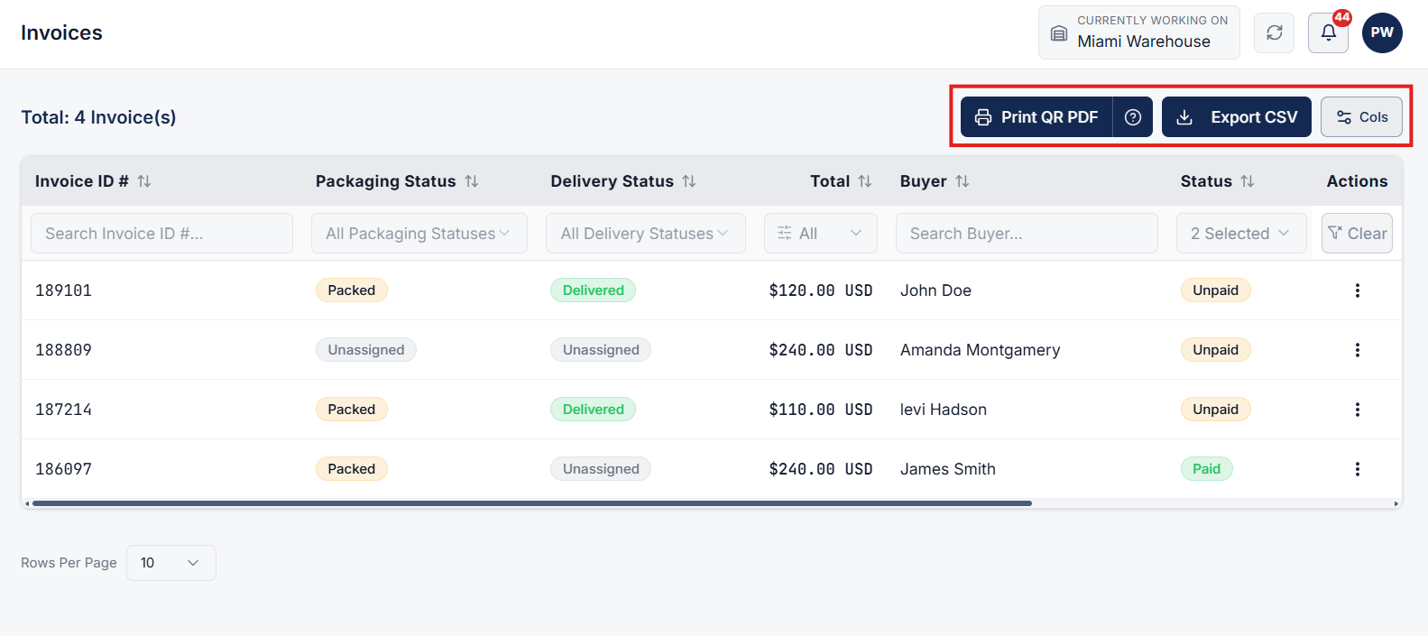 Invoices Page