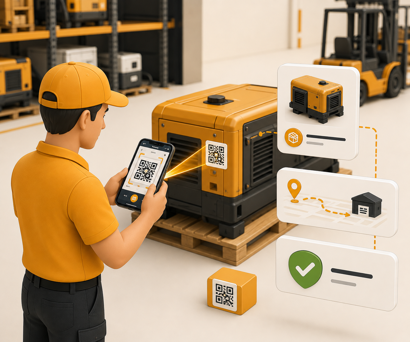 QR scanning workflow with mobile scanner verifying equipment tags and inventory records