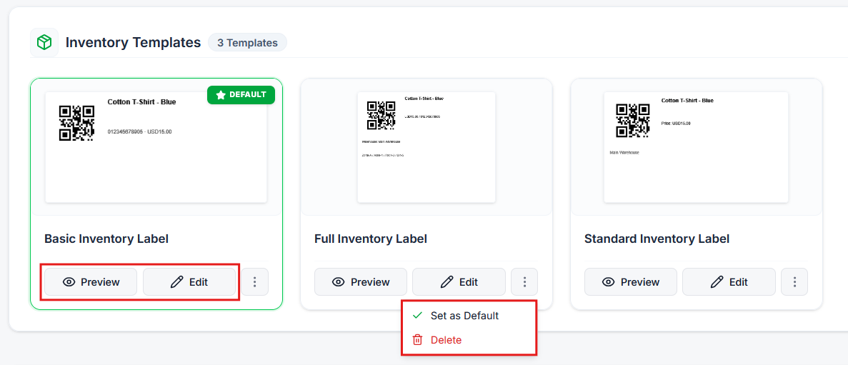 Preview, Edit, Delete or Set Default Template