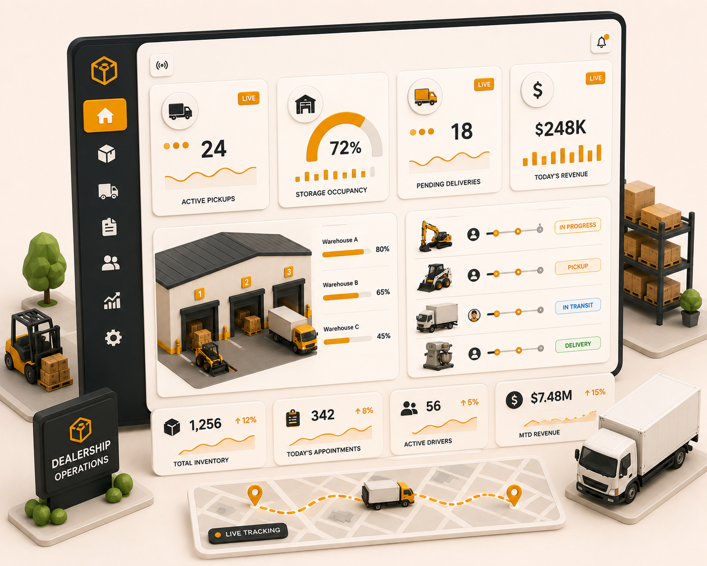 Real-time dealership operations overview dashboard with live inventory, pickups, and sales activity counters