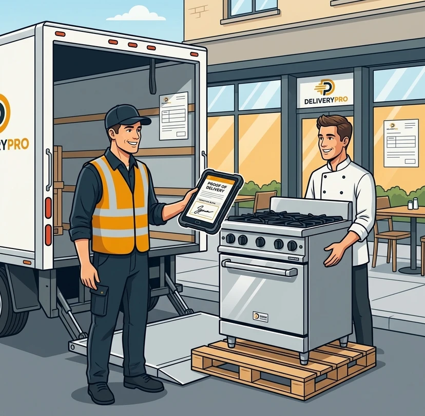 Delivery driver capturing proof of delivery signature on tablet for commercial equipment buyer