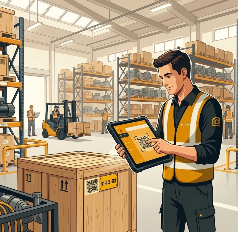 Warehouse specialist scanning QR tag on equipment crate with bin location R1-L2-B3 using tablet