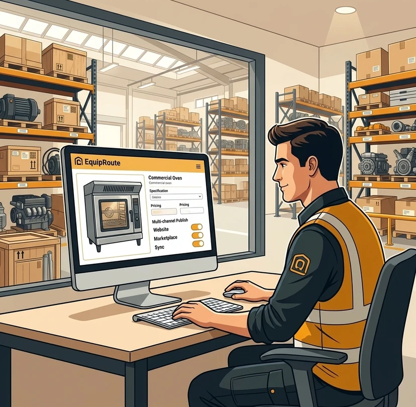 Inventory manager publishing commercial equipment listing to multiple sales channels on desktop