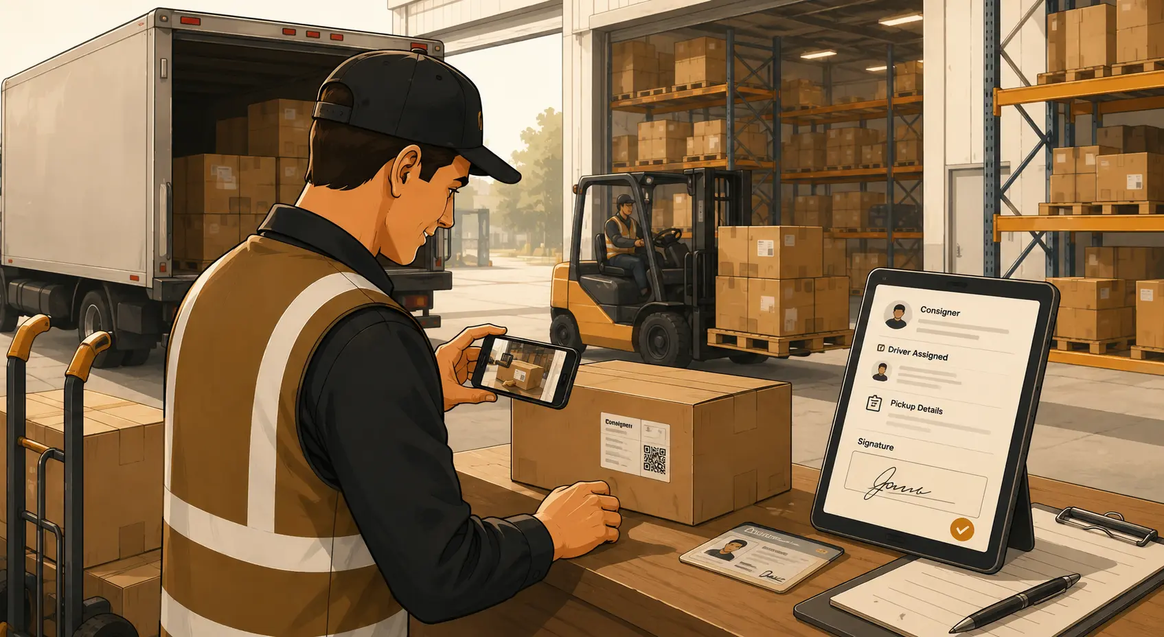 Driver capturing condition photos and getting a digital consignment signature on mobile for used equipment pickup