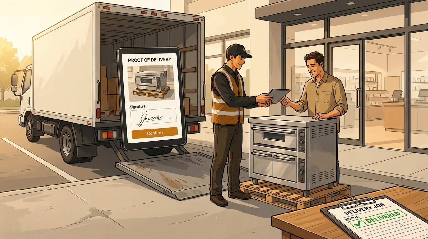 Delivery driver capturing proof of delivery with PIN and signature for a used equipment handover on mobile