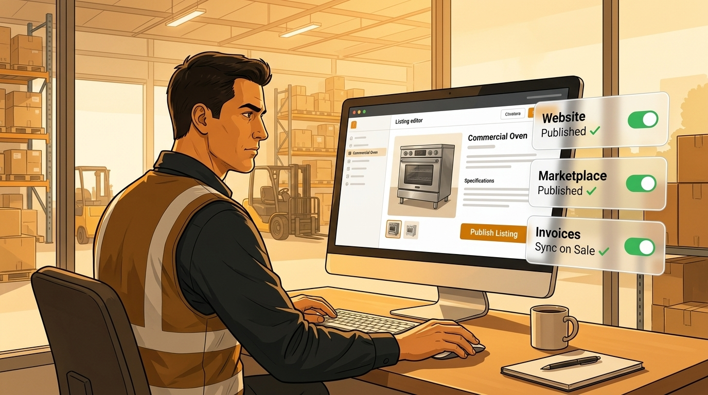 Used equipment listing interface showing specs and photo gallery being published to multiple sales channels